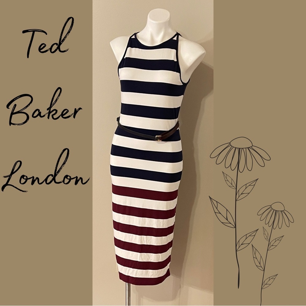 Ted Baker London Navy and Burgundy Striped Midi Dress